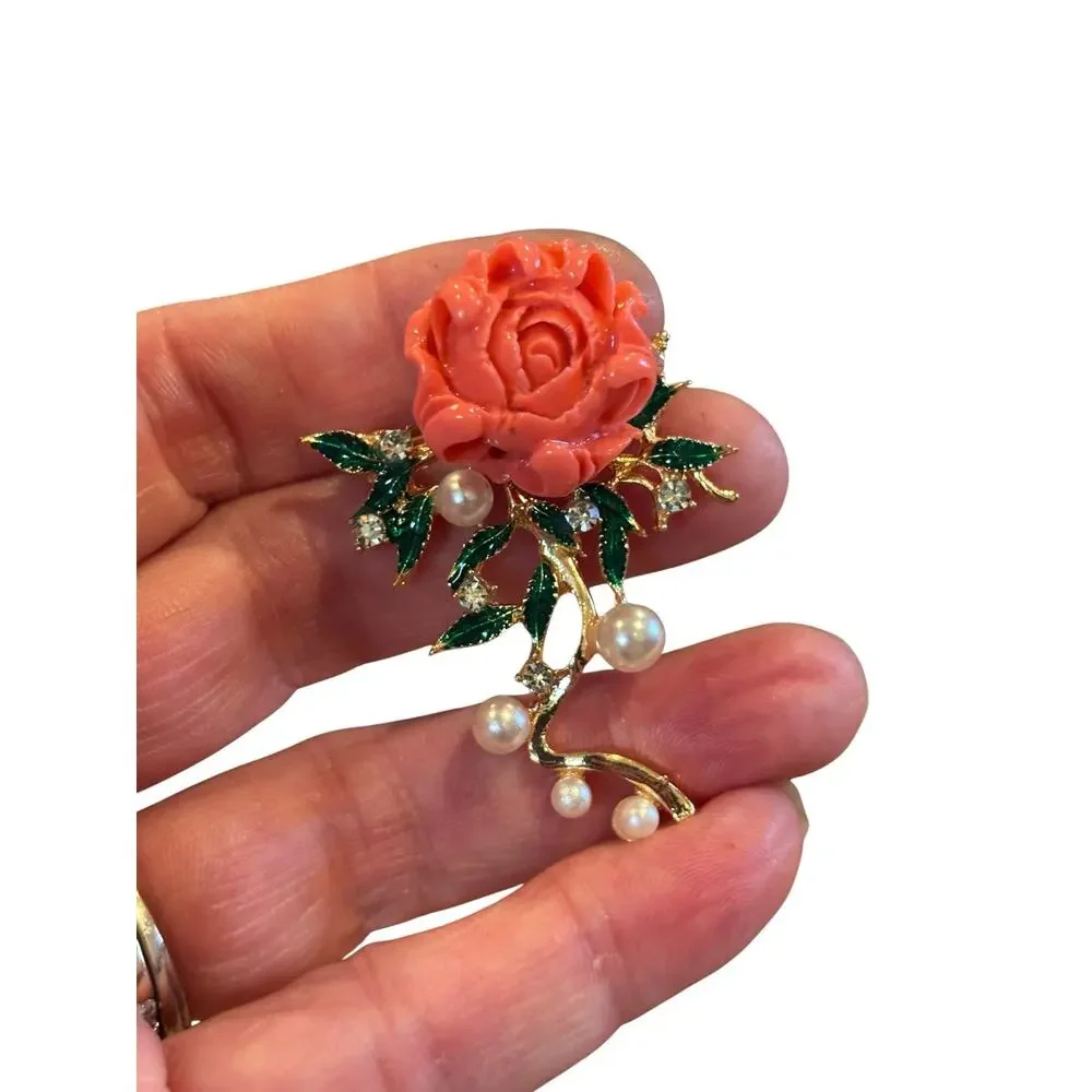 Coral Rose Brooch Pearl Rhinestone Cascade Enamel Leaves Vintage Glam